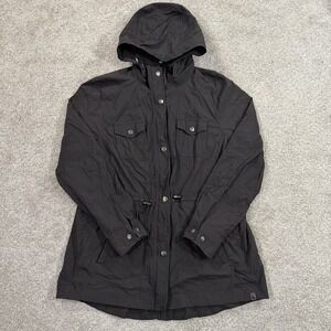 L L Bean Utility Jacket L Black Hooded Snap Zip Front Lightweight Outdoor Womens